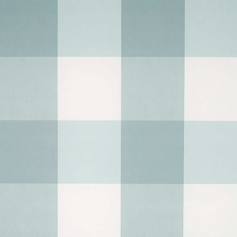 Muted blue-green and ivory plaid wallpaper with a large check pattern.