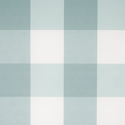 Muted blue-green and ivory plaid wallpaper with a large check pattern.