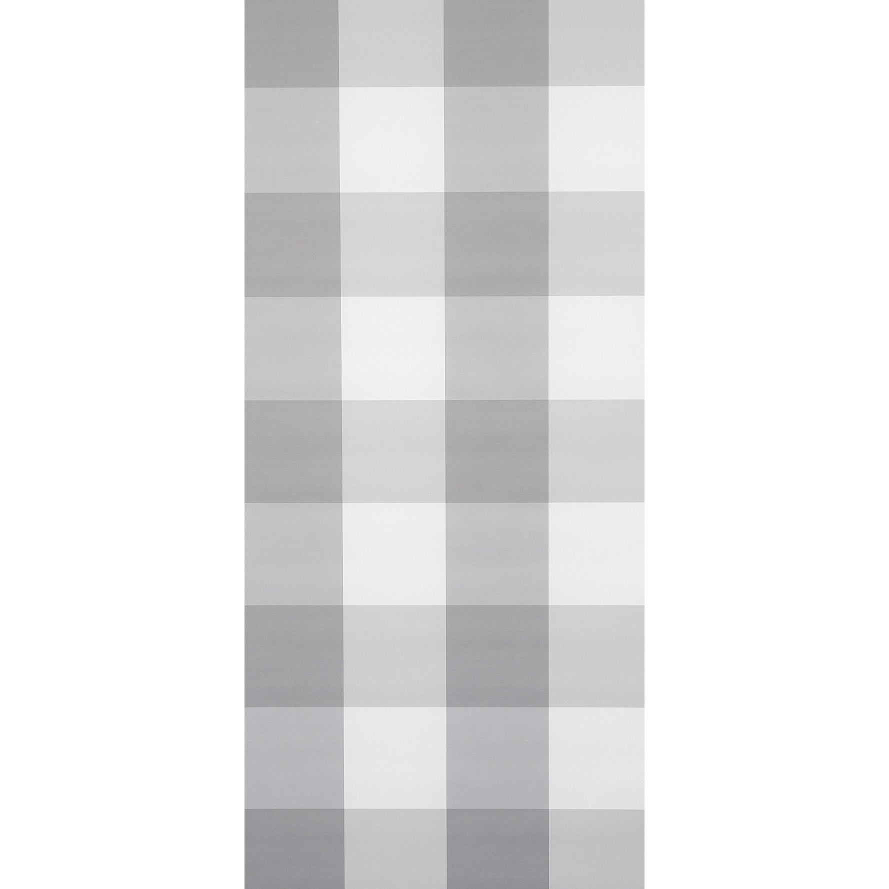 Grey and white plaid wallcovering with a large check pattern.