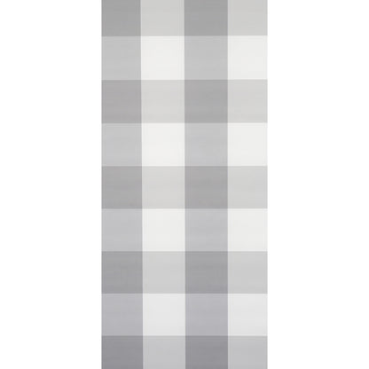 Grey and white plaid wallcovering with a large check pattern.