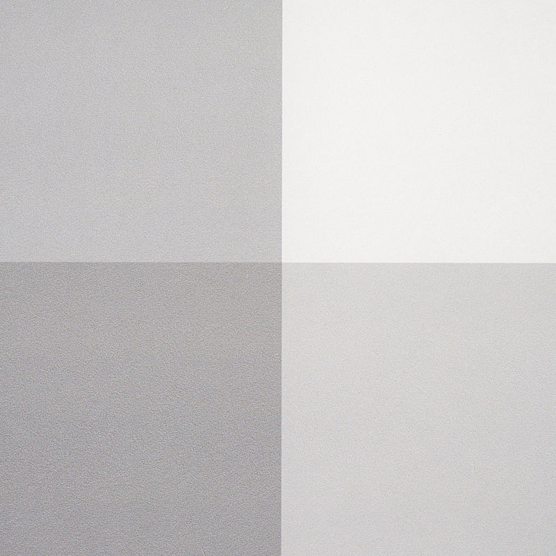 Grey plaid wallcovering swatch with a four-square grayscale check: top-left light gray, top-right white, bottom-left medium gray, bottom-right light gray.