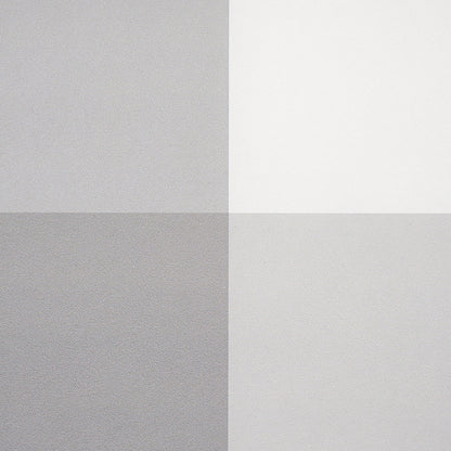 Grey plaid wallcovering swatch with a four-square grayscale check: top-left light gray, top-right white, bottom-left medium gray, bottom-right light gray.