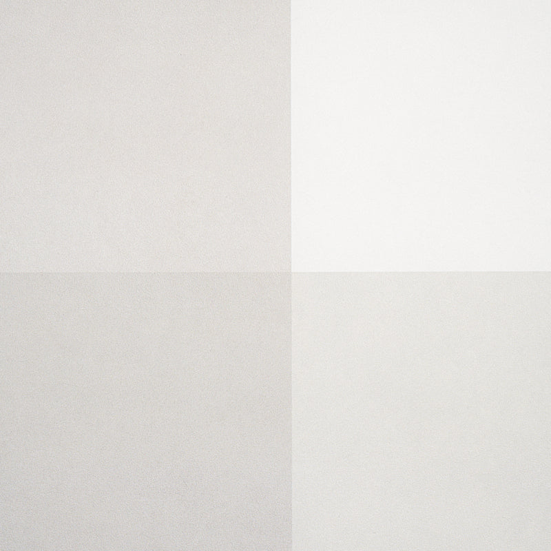 Quad swatch of birch plaid wallcovering in four soft neutrals: beige, white, light gray and pale gray.