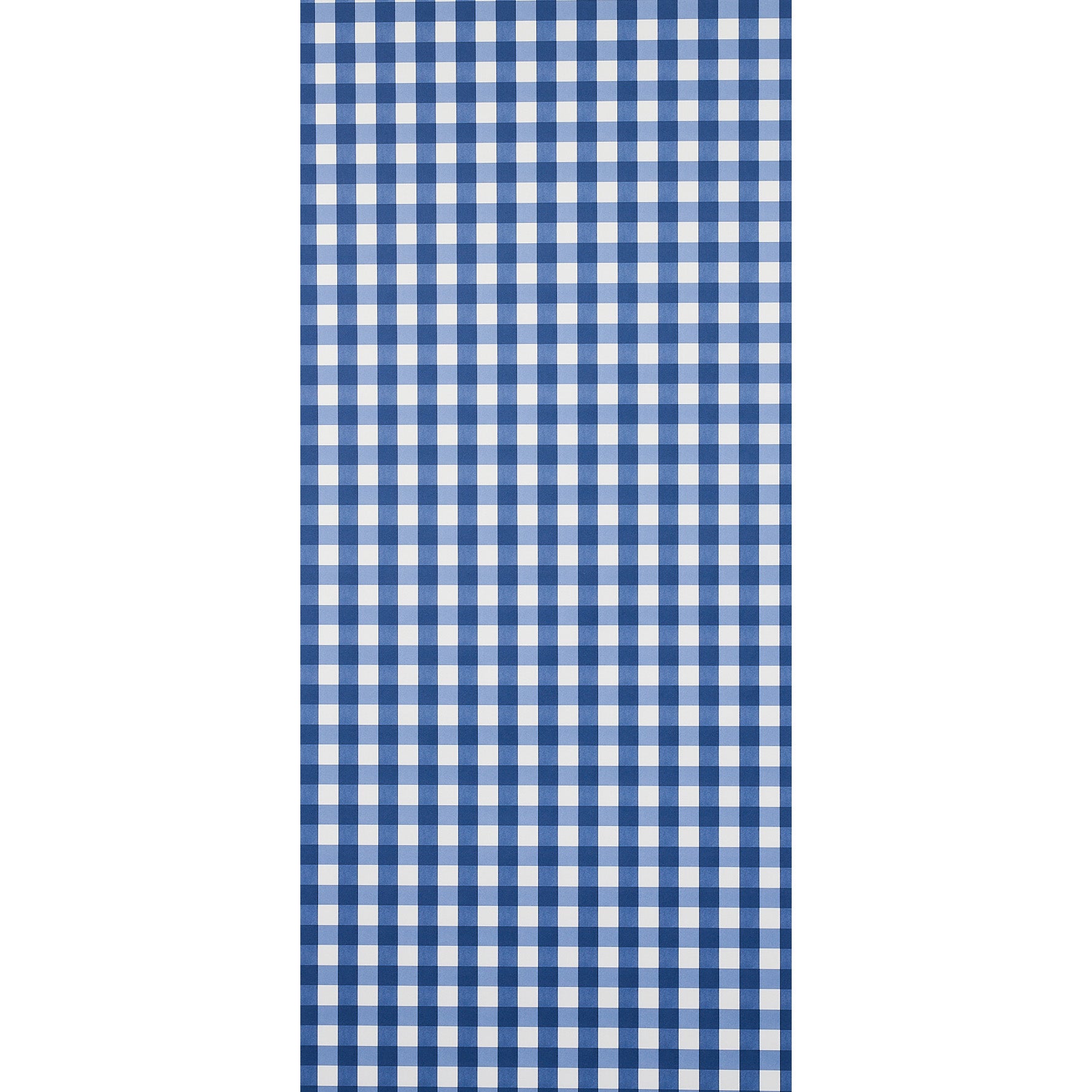 Blue and white gingham check fabric, vertical rectangular textile.