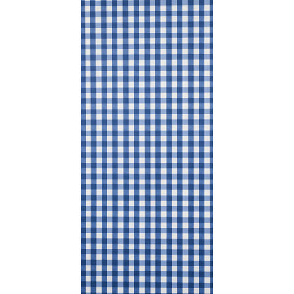 Blue and white gingham check fabric, vertical rectangular textile.