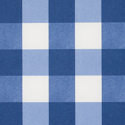 Blue and light-blue plaid wallcovering with white squares; subtle textile texture.