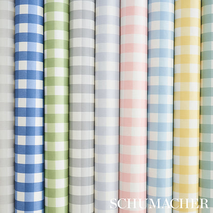 Rows of pastel gingham wallcovering rolls in blue, green, gray, pink & yellow.