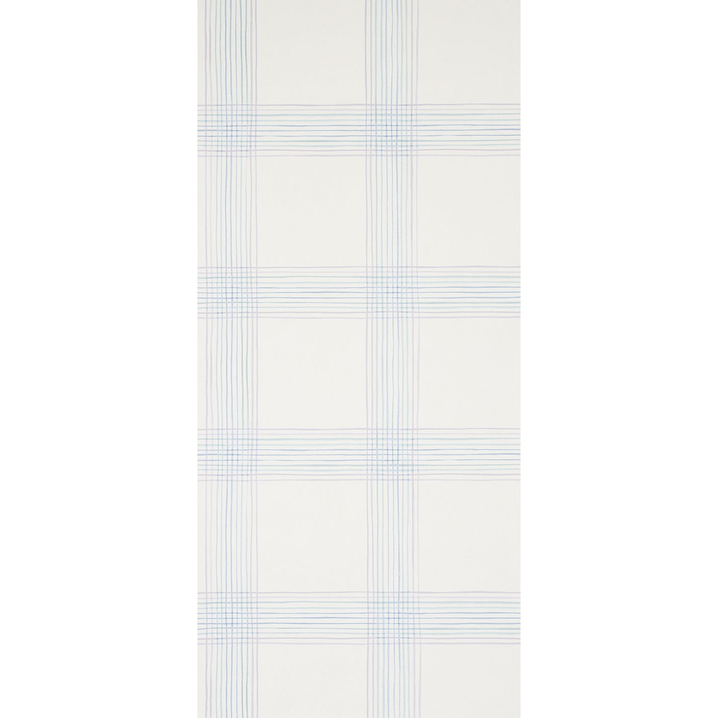 Cream wallcovering with a pale blue windowpane plaid grid pattern.