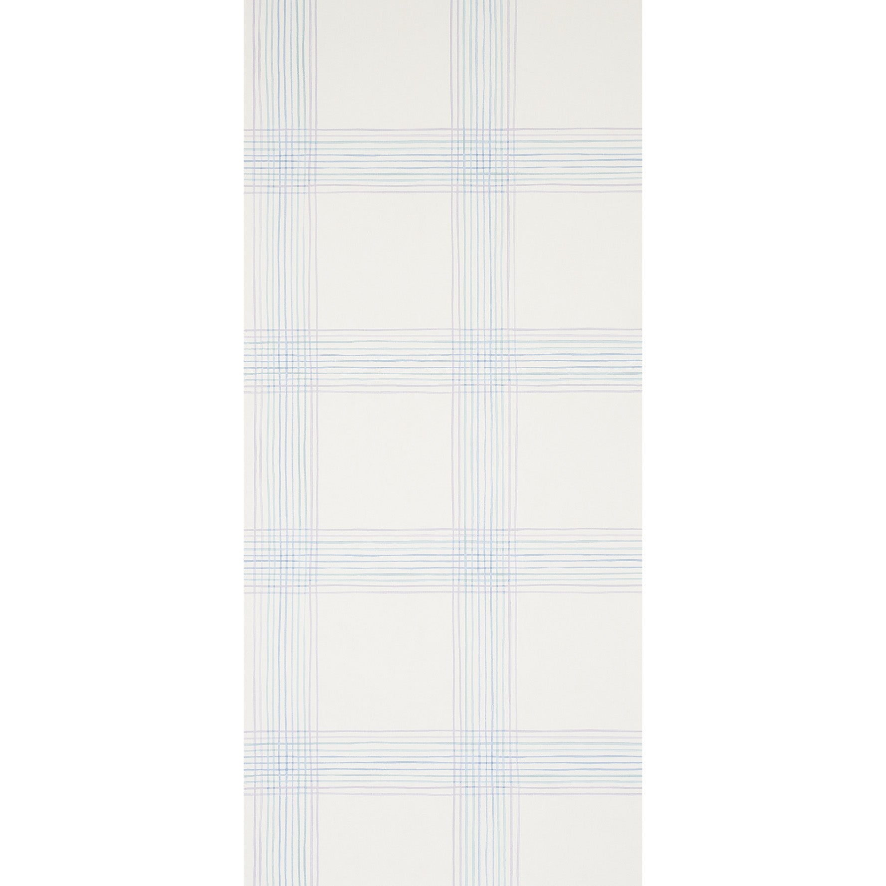 Cream wallcovering with a pale blue windowpane plaid grid pattern.