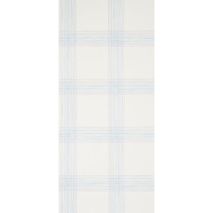 Cream wallcovering with a pale blue windowpane plaid grid pattern.