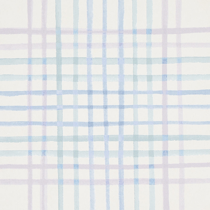 Pastel plaid wallpaper with watercolor blue and lavender lines on white.
