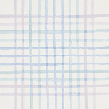 Pastel plaid wallpaper with watercolor blue and lavender lines on white.
