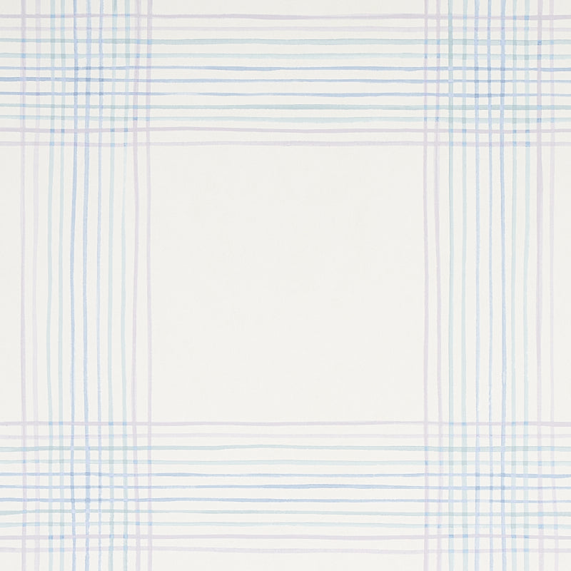 White wallpaper sample with pale blue plaid grid border and a square framed center.