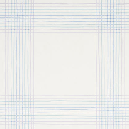 White wallpaper sample with pale blue plaid grid border and a square framed center.