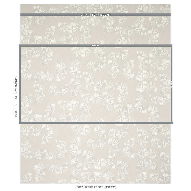 Beige wallpaper with white curved arc repeat pattern; retro mid-century wallcovering for walls.