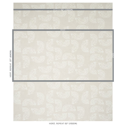 Beige wallpaper with white curved arc repeat pattern; retro mid-century wallcovering for walls.