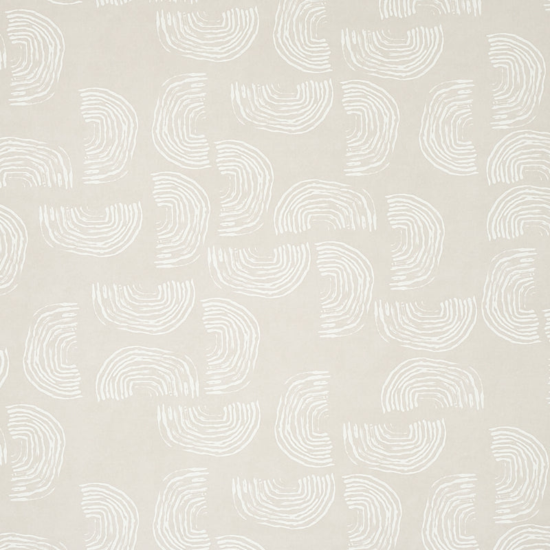Beige wallpaper featuring repeating white curved arc motifs forming partial circles; subtle, modern geometric pattern.
