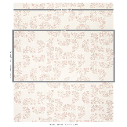 Ivory wallpaper with coral curved arc pattern; soft geometric motif; vertical repeat 27in/68cm, horizontal 52in/132cm.