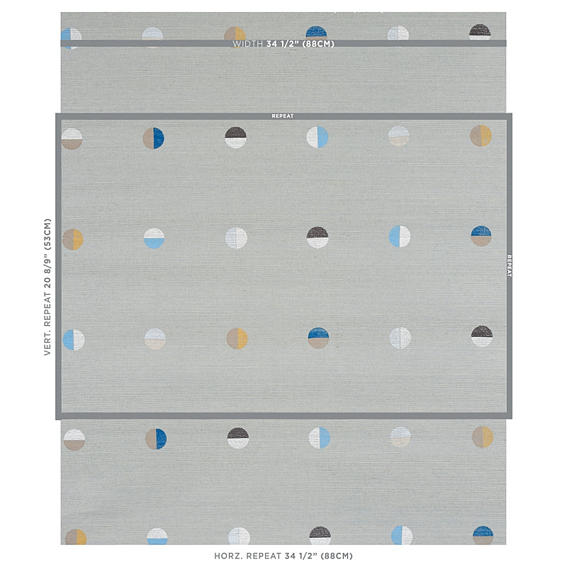 Light gray fabric with multicolor circular dot motifs (half circles) for curtains or blinds; modern repeat pattern.
