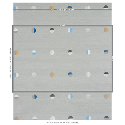 Light gray fabric with multicolor circular dot motifs (half circles) for curtains or blinds; modern repeat pattern.