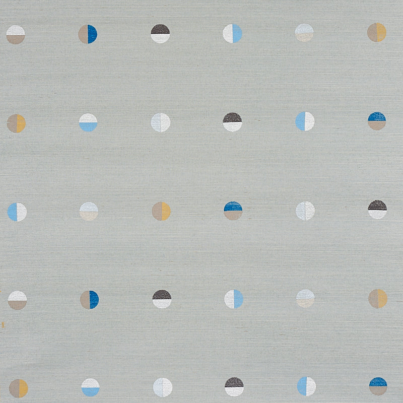 Light gray woven fabric with small two-tone circular dot motifs in pastel blues, beige, white and yellow.