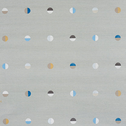 Light gray woven fabric with small two-tone circular dot motifs in pastel blues, beige, white and yellow.