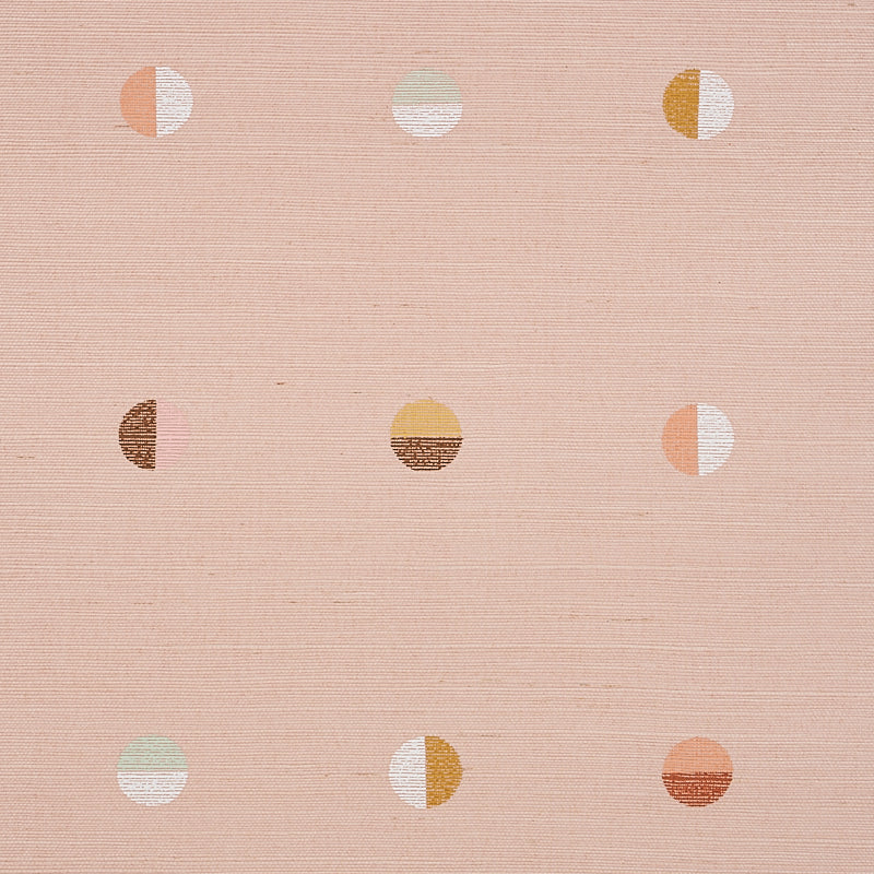 Soft pink hand-printed sisal rug with a grid of small two-tone semicircles in peach, cream, gold and mint.