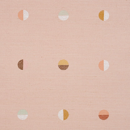 Soft pink hand-printed sisal rug with a grid of small two-tone semicircles in peach, cream, gold and mint.