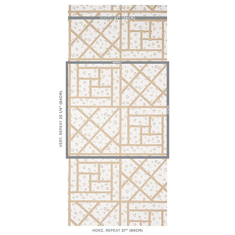 Cream wallpaper with a taupe geometric lattice pattern of squares and rectangles, dotted texture, repeating tile look.