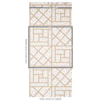 Cream wallpaper with a taupe geometric lattice pattern of squares and rectangles, dotted texture, repeating tile look.