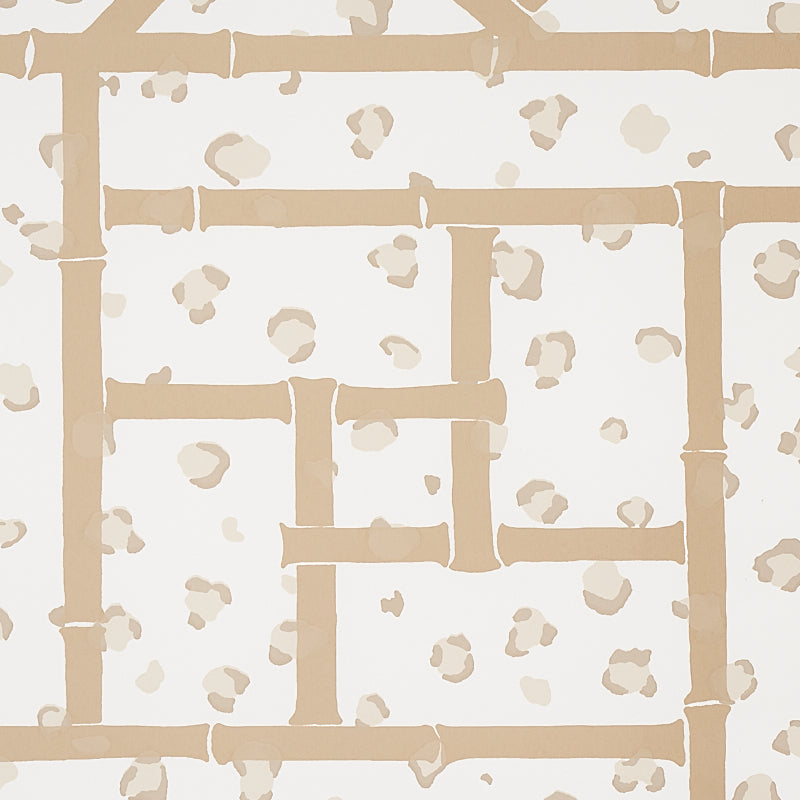 Beige-tan and cream background with a subtle fancy beast motif and a geometric grid pattern; suitable for wallpaper or fabric.