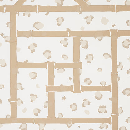 Beige-tan and cream background with a subtle fancy beast motif and a geometric grid pattern; suitable for wallpaper or fabric.
