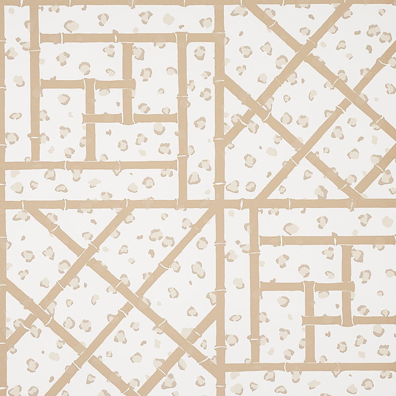Beige lattice wallpaper with bamboo-style rectangular grid & diagonal lines on speckled cream background.