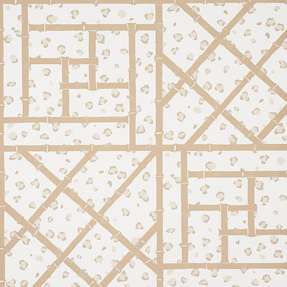Beige lattice wallpaper with bamboo-style rectangular grid & diagonal lines on speckled cream background.