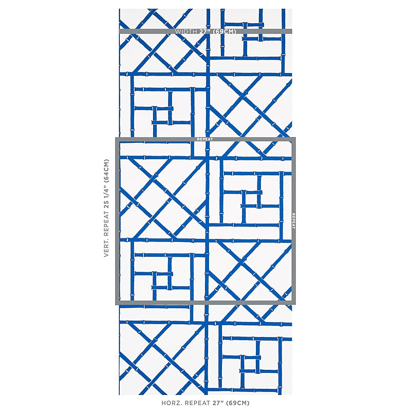 Blue geometric trellis wallpaper on white background; interlocking lattice lines with repeat measurements visible.