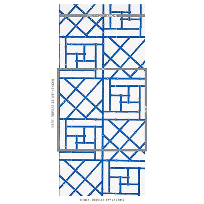 Blue geometric trellis wallpaper on white background; interlocking lattice lines with repeat measurements visible.