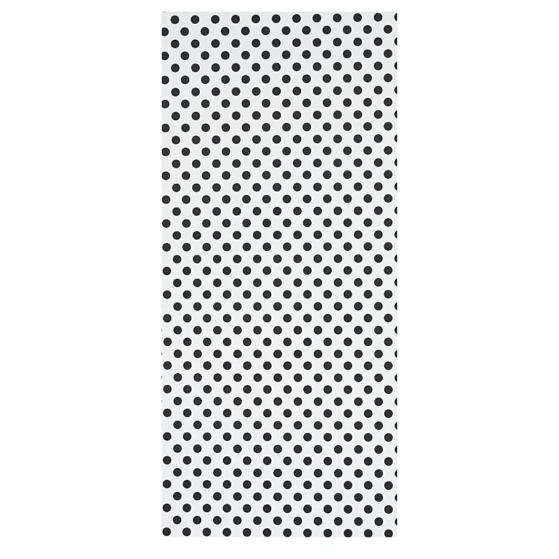 Rectangular white fabric with evenly spaced black polka dots; bold black-and-white pattern.