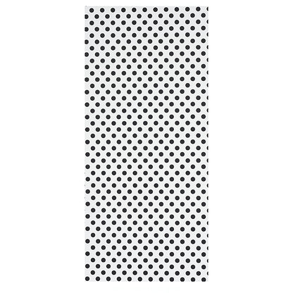 Rectangular white fabric with evenly spaced black polka dots; bold black-and-white pattern.