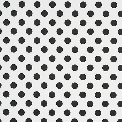 White background with evenly spaced black polka dots in a grid-like pattern.
