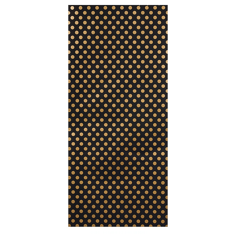 Long black rectangular scarf with evenly spaced gold polka dots; gold-on-black dotted pattern.