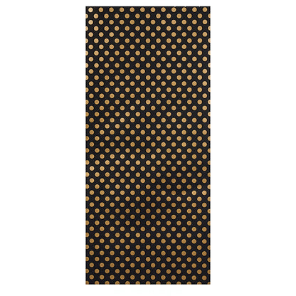 Long black rectangular scarf with evenly spaced gold polka dots; gold-on-black dotted pattern.