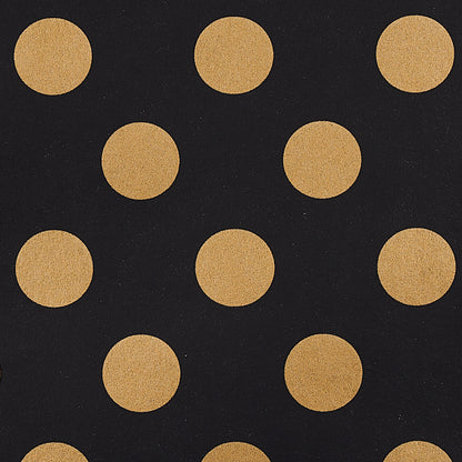 Black wallpaper with evenly spaced tan-gold polka dots in a repeating pattern.