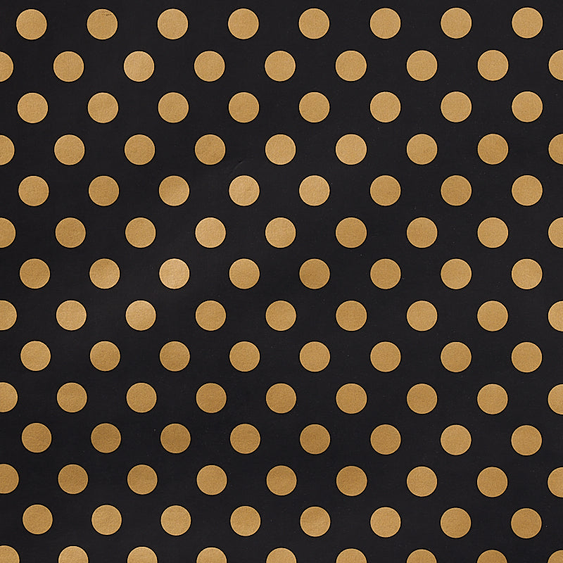Black background with gold polka dots.