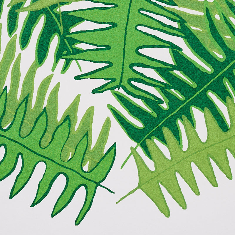Bright green tropical fern leaf pattern on white background; overlapping fronds create bold botanical decor.