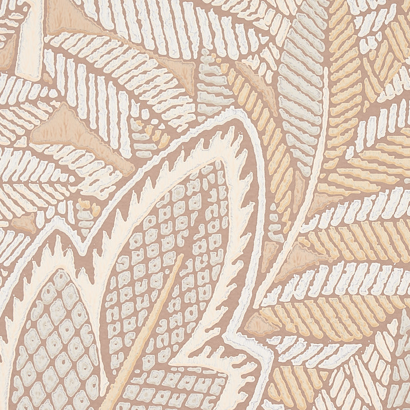Beige and cream botanical leaf pattern with feathery fronds, decorative textile design.