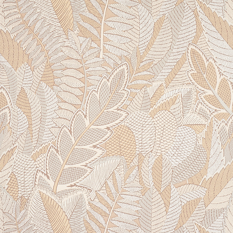 Beige & ivory fern leaf pattern with textured weave; suitable for wallpaper or upholstery fabric.