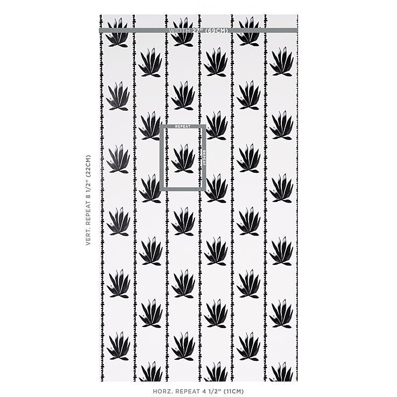 Light gray wallpaper with vertical columns of black agave leaf motifs and ruler-style lines; central framed panel.