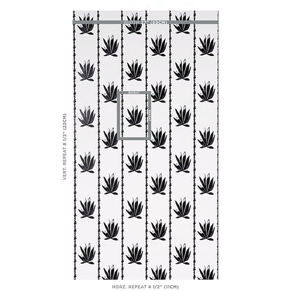 Light gray wallpaper with vertical columns of black agave leaf motifs and ruler-style lines; central framed panel.