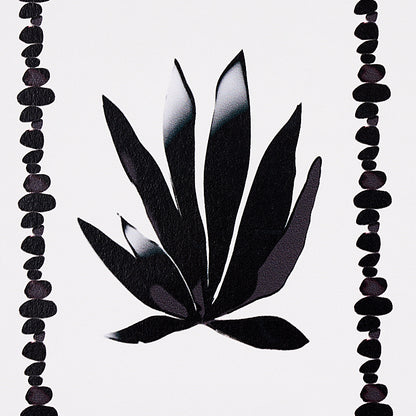 Black agave-like succulent silhouette centered, flanked by beaded garland borders.
