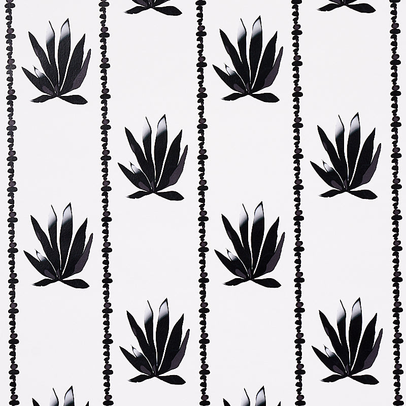 Black rosette-like succulent motifs with dotted vertical stripes on white; bold botanical pattern for fabric or wallpaper